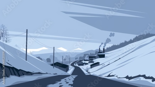 Winter Village Roadscape with Smoke, Footprints, and Distant Mountains for Storytelling Background