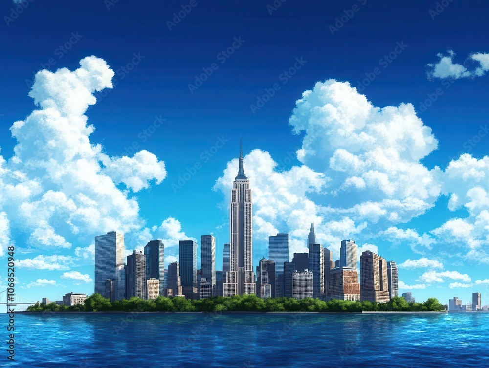 Fototapeta premium City skyline with tall buildings under a bright blue sky and fluffy white clouds.
