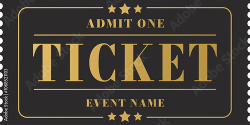 Luxury gold and black ticket template. Admit one. Vector illustration