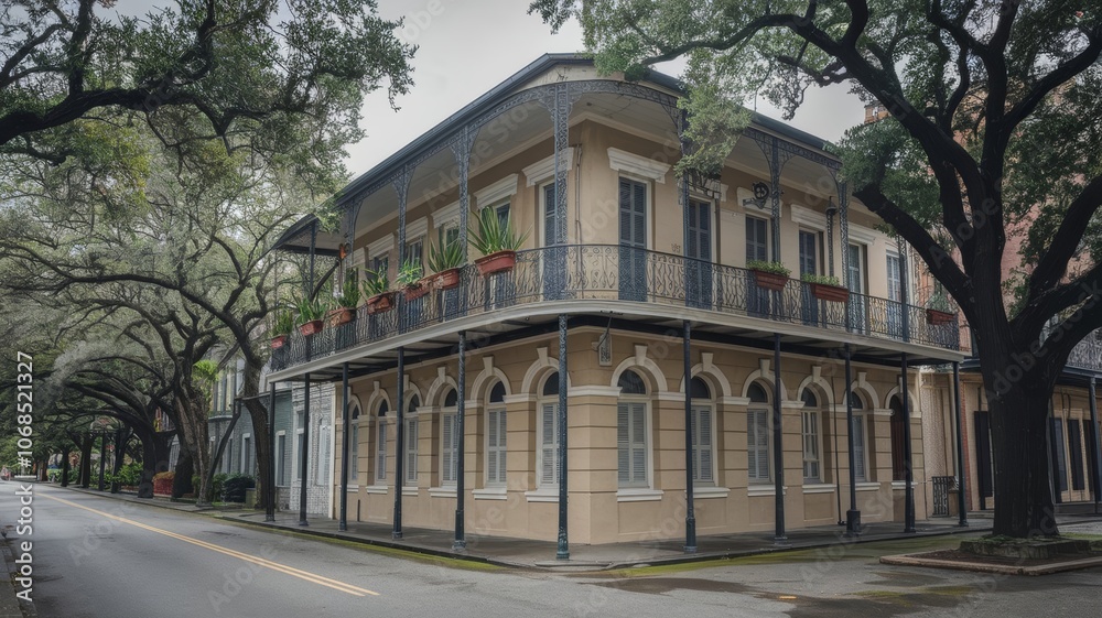 New Orleans Historic Building Balcony Architectural Details Overcast Sky Mossy Ground Stock Photo New Orleans Historic Building Balcony Architectural Details Overcast Sky Mossy Ground Stock Photo
