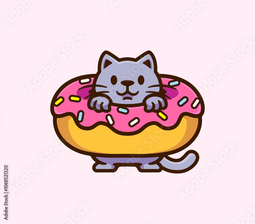 Gray Cat Relaxing Inside a Colorful Pink Frosted Donut with Sprinkles, Perfect for Pet Lovers and Dessert Enthusiasts Adorable Cartoon Illustration
