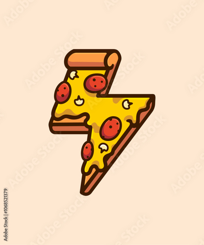 Pizza Slice with Pepperoni and Melted Cheese in a Lightning Bolt Shape, Perfect for Food-Themed Illustrations and Fun Designs