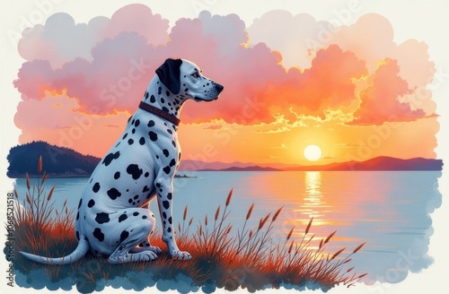An inspiring Dalmatian looking at the setting sun on the horizon. Print, wallpaper, screensaver, wallpaper, illustration, fabulous picture
