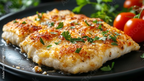 A perfectly grilled white fish fillet is garnished with fresh herbs on a black plate. Juicy cherry tomatoes and vibrant parsley add color to this appetizing dish in a bright kitchen photo