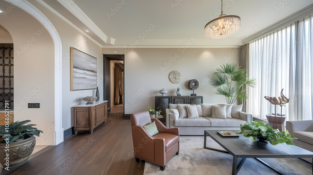 Fototapeta premium Elegant modern living room featuring a cozy sofa, stylish armchair, decorative plants, and large windows that bring in natural light. A blend of comfort and sophistication in interior design.
