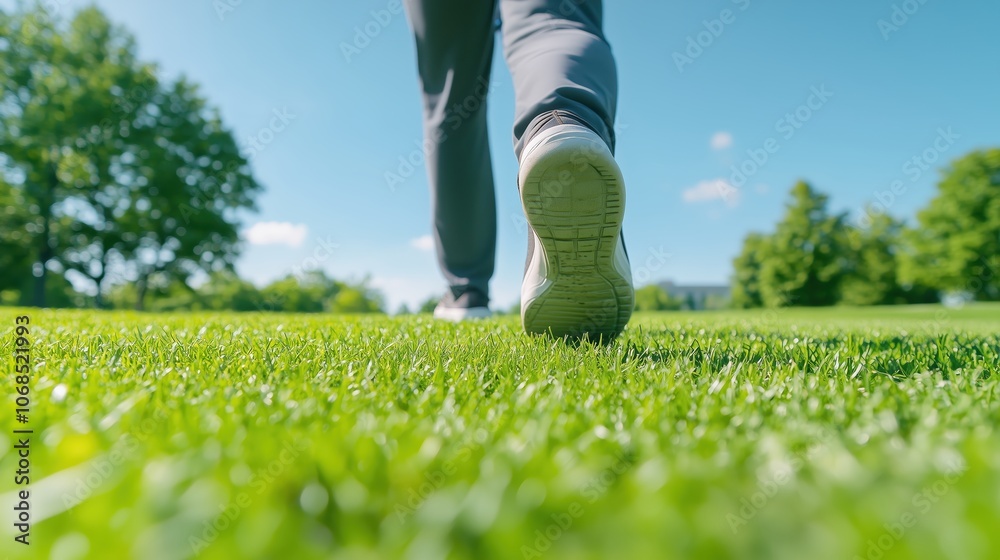 A person walks on lush green grass under a clear blue sky, indicating outdoor activity and connection with nature. A person walks on lush green grass under a clear blue sky, indicating outdoor activity and connection with nature.