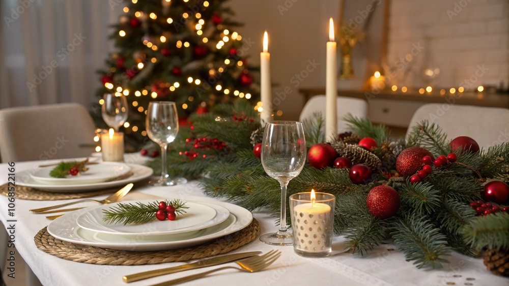 Elegant Christmas dining table decorated with evergreen garland, red ornaments, candles, and gold accents, creating a festive holiday atmosphere. A beautifully lit Christmas tree in the background enh Elegant Christmas dining table decorated with evergreen garland, red ornaments, candles, and gold accents, creating a festive holiday atmosphere. A beautifully lit Christmas tree in the background enh