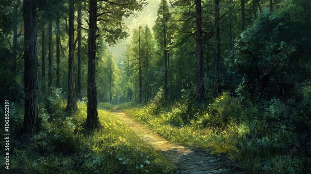 Fototapeta premium Forest Trail Serenity, a tranquil pathway meandering through lush green trees, inviting exploration and reflection in nature's embrace