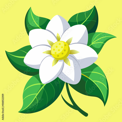 Vector illustration of a beautiful tropical Hawaiian jasmine flower with branch leaves, designed for cosmetic products like perfume and oil.