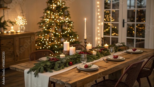 Elegant Christmas dining table decorated with evergreen garland, red ornaments, candles, and gold accents, creating a festive holiday atmosphere. A beautifully lit Christmas tree in the background enh photo