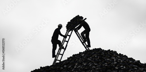 Two roofers working together to carry shingles up a ladder on a sunny construction site. photo