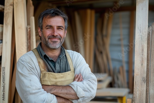 A rugged middle-aged carpenter with a beard and wearing a beige apron poses confidently with folded arms in a busy woodshop filled with wooden boards photo