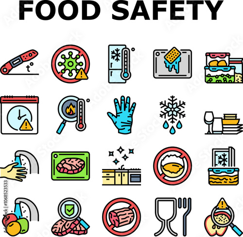 food safety hygiene inspection icons set vector. contamination inspection, regulation bacteria, pathogens allergens, contamination food safety hygiene inspection color line illustrations