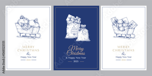 Christmas and New Year greeting cards on white and blue background with hand drawn illustrations