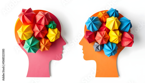 Negative and positive thinking concept. Head shapes with color paper balls isolated with white highlights, png