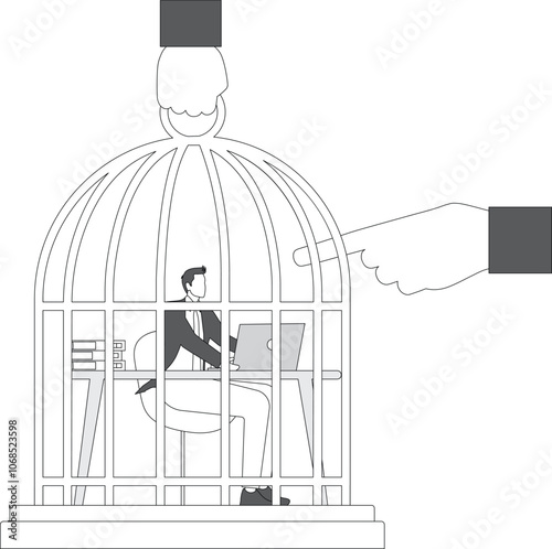Big index finger pointing at Businessman who working using computer in large birdcage, Work under pressure