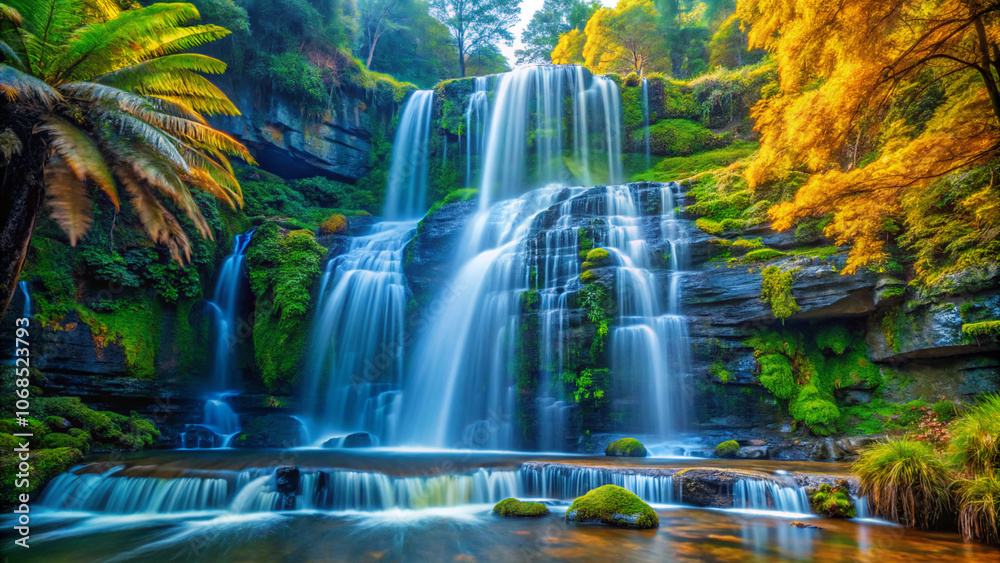 Obraz premium waterfall, water, nature, river, landscape, cascade, stream, falls, rock, forest, fall, green, flowing, rocks, stone, spring, park, natural, beauty, flow, autumn, beautiful, waterfalls, summer, moss