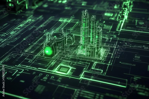 Digital blueprint of advanced refinery, glowing green holograms, industrial and sleek design