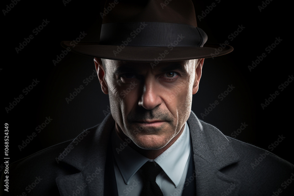Generative AI illustration of secret agent spy person classic spy movie stylish action clothes scene Generative AI illustration of secret agent spy person classic spy movie stylish action clothes scene