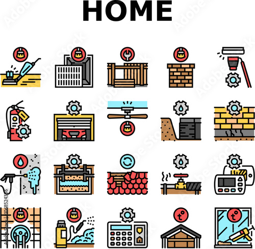 home maintenance cleaning icons set vector. plumbing roofing insulation, landscaping pest, hvac electrical, flooring siding home maintenance cleaning color line illustrations