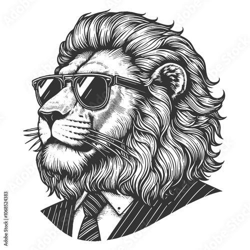 Businessman Lion in sunglasses and a suit, conveying a cool, powerful, and sophisticated vibe sketch engraving generative ai vector illustration. Scratch board imitation. Black and white image.