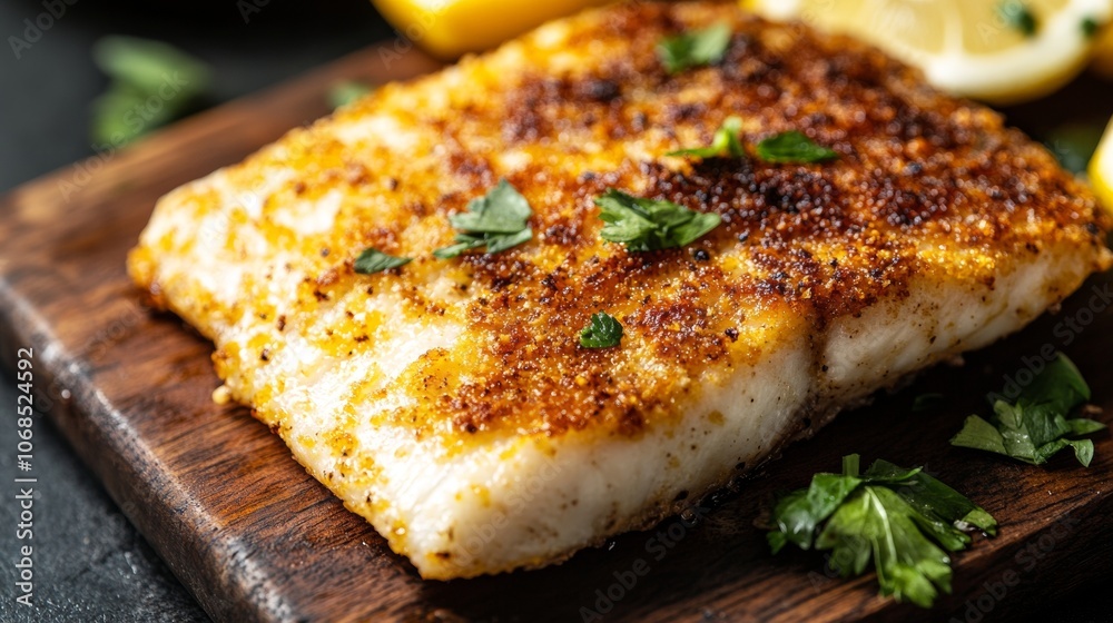 A golden-brown fish fillet, seasoned and grilled to perfection, is presented on a wooden cutting board, accompanied by fresh lemon slices and herbs, creating an inviting meal A golden-brown fish fillet, seasoned and grilled to perfection, is presented on a wooden cutting board, accompanied by fresh lemon slices and herbs, creating an inviting meal