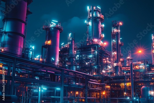 Wallpaper Mural Robotic refinery maintenance, vibrant neon lights, dark industrial setting, hightech scifi theme Torontodigital.ca