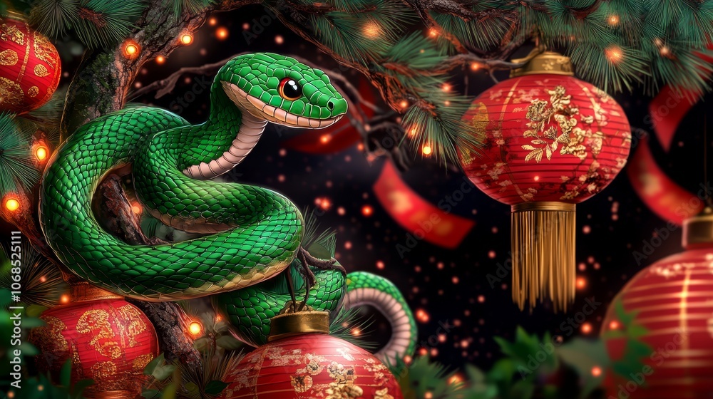 Green snake resting on a tree branch surrounded by traditional red Chinese lanterns, symbolizing Lunar New Year celebration Green snake resting on a tree branch surrounded by traditional red Chinese lanterns, symbolizing Lunar New Year celebration