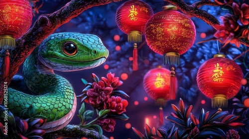 Green snake resting on a tree branch surrounded by traditional red Chinese lanterns, symbolizing Lunar New Year celebration