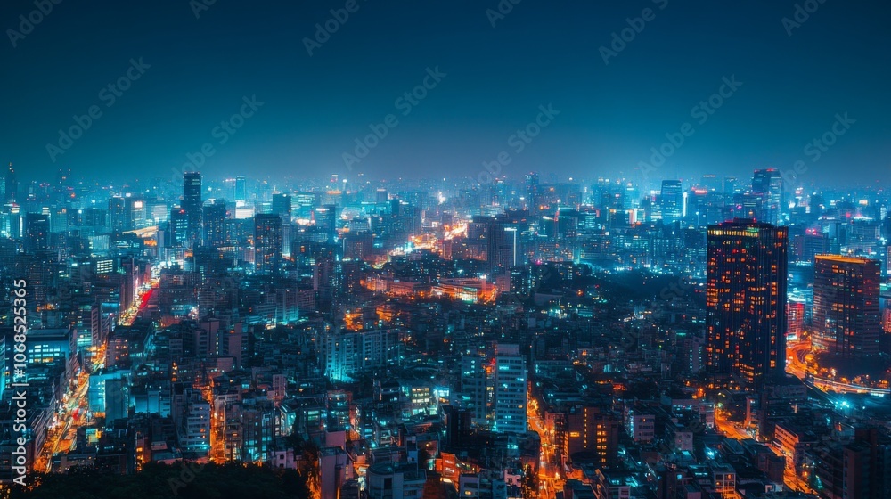 Fototapeta premium Nighttime Cityscape Illuminated by Neon Lights