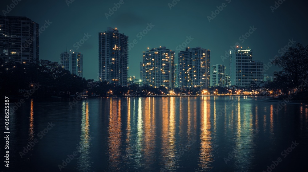 Fototapeta premium Cityscape at Night with Reflective Water