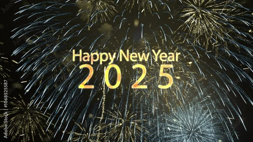 New year 2025 greeting with fireworks Happy New year 2025 animated. Fireworks shiny on background. Animated text that says Happy New Year 2025. 3D Illustration. 3D Illustration.