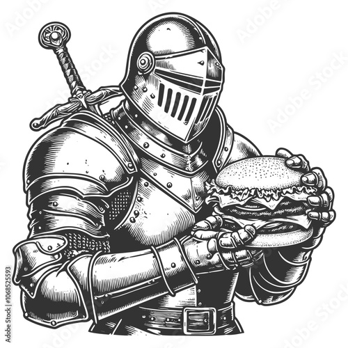 medieval knight in full armor eats large burger, combining historical and modern elements with humor sketch engraving generative ai vector illustration. Scratch board imitation. Black and white image