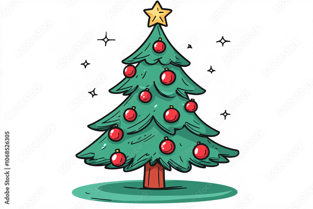 A festive Christmas tree with bright red ornaments a gold star and green branches on a white background with sparkles
A festive Christmas tree with bright red ornaments a gold star and green branches on a white background with sparkles