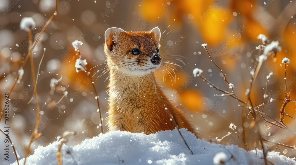 A short-tailed weasel pops its head out from the snow while hunting for food during winter in the Canadian prairie grasslands A short-tailed weasel pops its head out from the snow while hunting for food during winter in the Canadian prairie grasslands