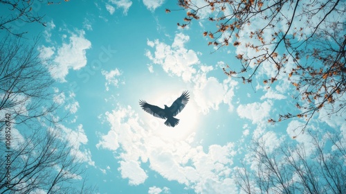 Bird Soaring in Blue Sky photo