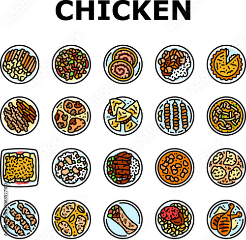 chicken dishes roast grilled icons set vector. fried baked, barbecue teriyaki, curry, casserole parmesan, piccata marsala, tandoori chicken dishes roast grilled color line illustrations