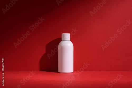 Minimalistic white cosmetic bottle mockup with shadows on a red background