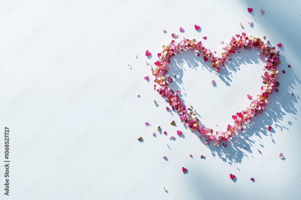 Heart Shape Made of Colorful Confetti on White Background, Heart outline created with pink, red, and gold confetti on a white background, perfect for Valentine's Day themes of love and celebration.
Heart Shape Made of Colorful Confetti on White Background, Heart outline created with pink, red, and gold confetti on a white background, perfect for Valentine's Day themes of love and celebration.