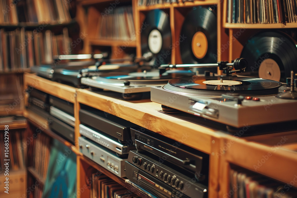 Fototapeta premium Person look vinyl records in retro music store, surrounded by various music genres classic CDs tapes vintage musical instruments, Generative AI