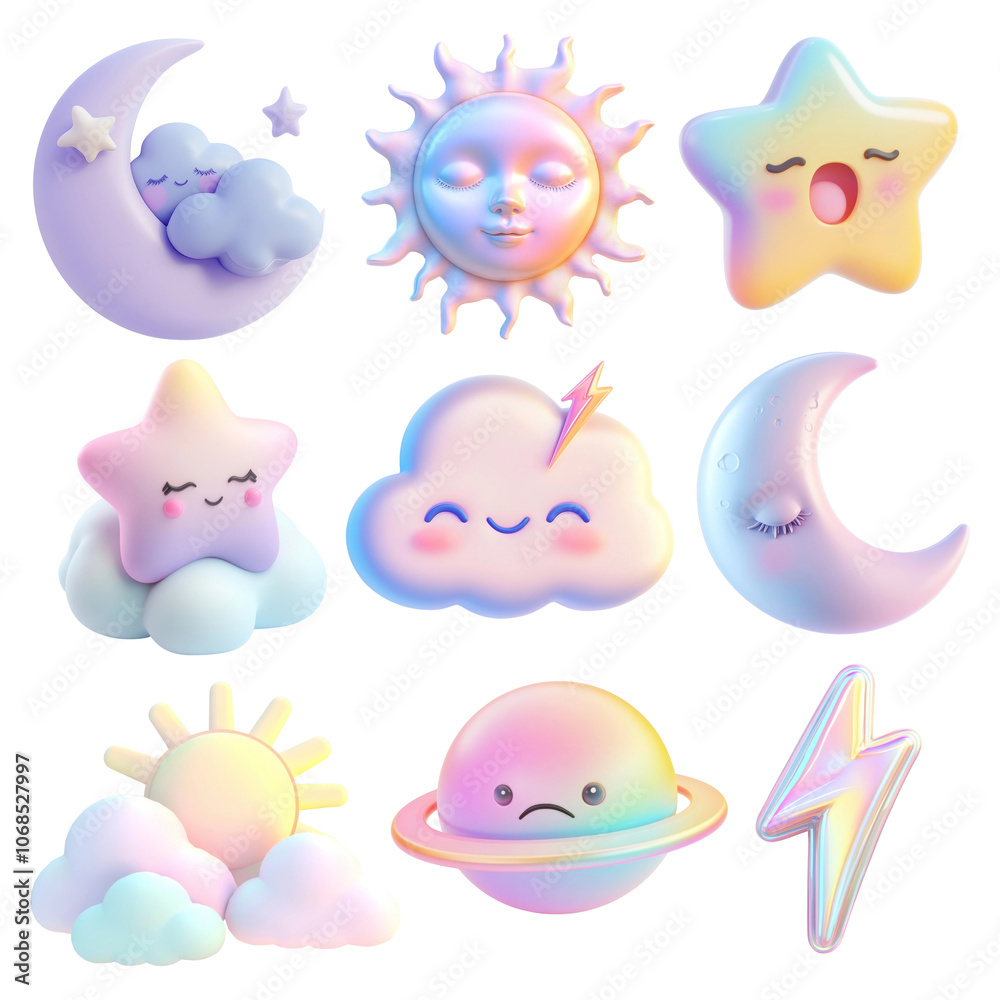 Fototapeta premium PNG 3D iridescent celestial dream design element set, transparent background