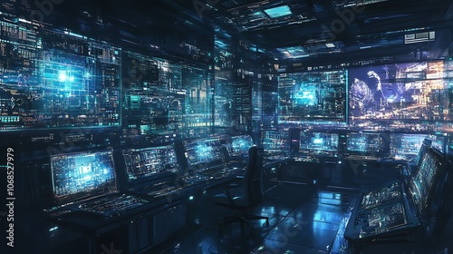 A Futuristic Control Room with Numerous Monitors Displaying Data and Cityscapes