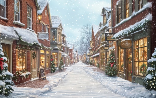 Historic Street in Snow Quaint historic street lined with snow-covered storefronts and decorated windows, a charming holiday mockup background 