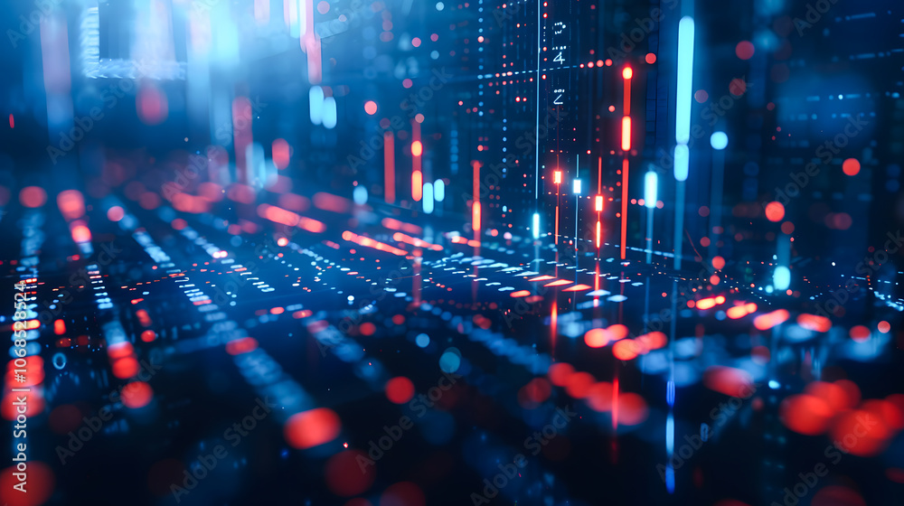 View of stock market expansion, business investment, and data analysis concept featuring digital financial charts, graphs, and indicators against a dark blue blurred background View of stock market expansion, business investment, and data analysis concept featuring digital financial charts, graphs, and indicators against a dark blue blurred background