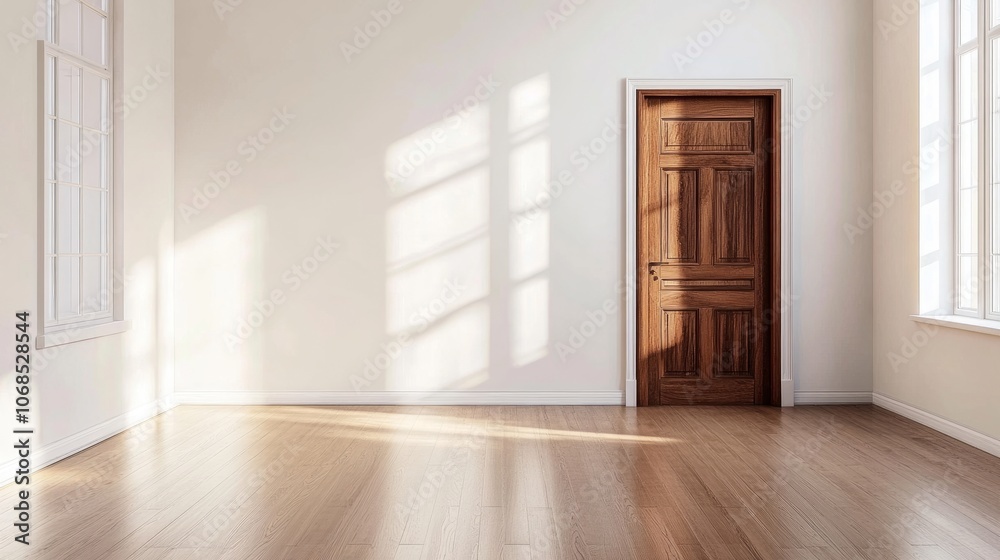 Bright empty living room with white wall, wooden door, and wood accents, great for copy space or advertising mockups Bright empty living room with white wall, wooden door, and wood accents, great for copy space or advertising mockups