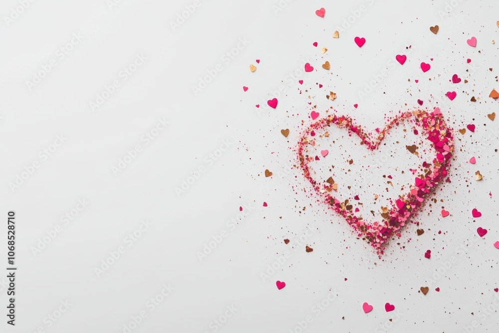 Heart Shape Made of Pink and Gold Confetti on White Background, Heart outline created with pink and gold confetti scattered on a white background, symbolizing love and celebration for Valentine's Day. Heart Shape Made of Pink and Gold Confetti on White Background, Heart outline created with pink and gold confetti scattered on a white background, symbolizing love and celebration for Valentine's Day.
