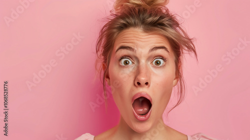 A woman with wide eyes and an open mouth looks surprised in front of a pink background