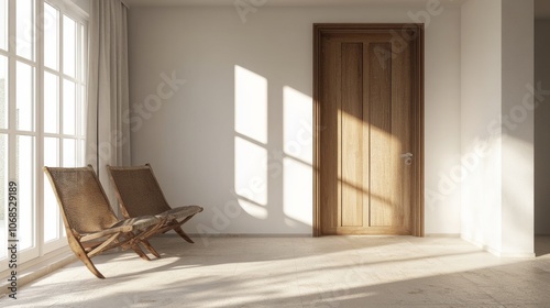 Minimalist empty living room with a wooden door, white walls, and large windows, creating a bright space with copy space on the blank wall