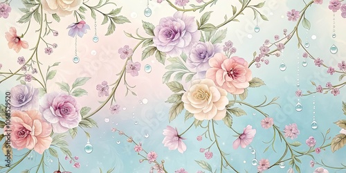 Wallpaper Mural A delicate floral arrangement adorned with suspended droplets, cascading upon a soft blue and pink background. Torontodigital.ca