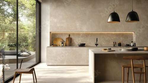 Modern kitchen interior with beige tile walls, wooden furniture, and pendant lights.